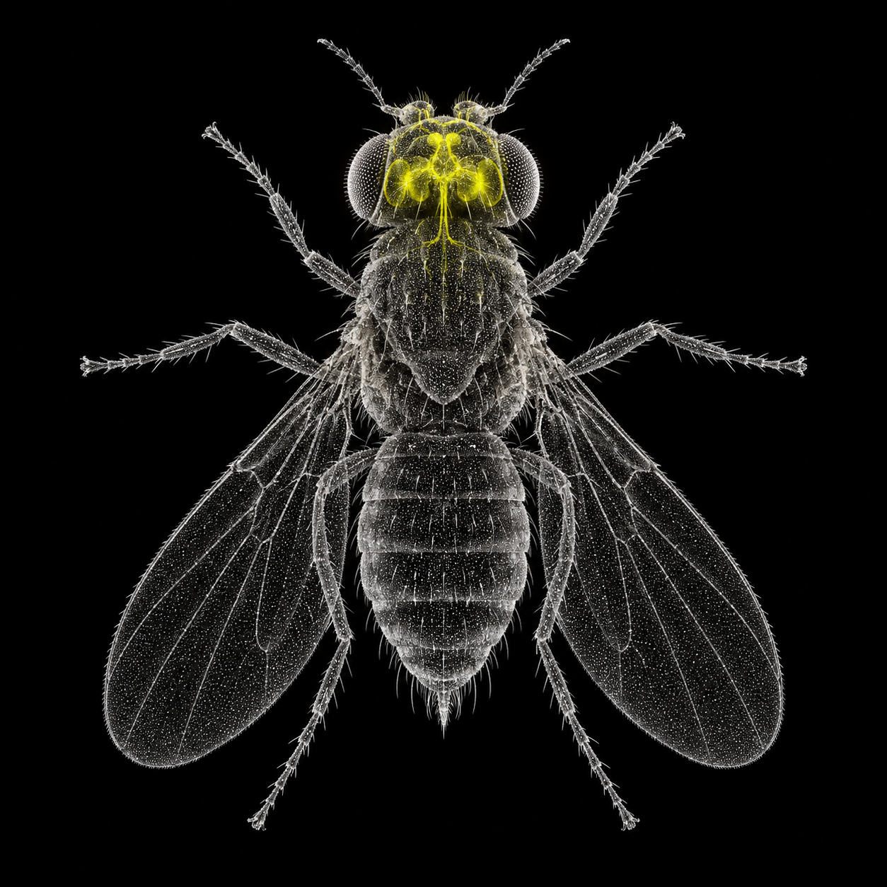 Silver point-cloud fruit fly specimen with a luminous neural center